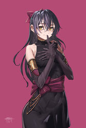  absurdres bare_shoulders black_dress black_gloves blue_hair cowboy_shot dress elbow_gloves female finger_to_mouth ghode_(basashi) gloves hand_on_own_chest highres index_finger_raised long_hair looking_at_viewer love_live! love_live!_school_idol_project pink_background simple_background smile soldier_game solo sonoda_umi swept_bangs yellow_eyes 