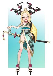  :d absurdres aqua_eyes blonde_hair blush can commentary english_commentary female flat_chest flower forehead full_body hand_on_own_hip highres horns japanese_clothes katana kimono long_hair oerba_yun_fang open_mouth original personification pointy_ears sandals sarashi sash sheath sheathed smile solo sword thigh_strap weapon yeun 