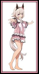  absurdres animal_ears commentary_request curren_chan_(umamusume) female full_body grin hair_ornament headband highres horse_ears horse_girl horse_tail lingerie looking_at_viewer medium_hair official_alternate_costume outstretched_arms pajamas purple_eyes see-through see-through_shirt see-through_silhouette shirt simple_background smile solo spread_arms standing tail umamusume umamusume:_road_to_the_top underwear white_background yamazaki_jun 