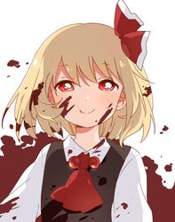  blonde_hair blood blood_on_face closed_mouth female hair_between_eyes hair_ribbon namori_(style) red_eyes red_ribbon ribbon rumia sasaki_sakiko short_hair smile solo touhou 