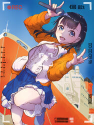  :d \m/ black_hair blue_eyes blue_footwear blue_skirt blue_sky boat coat day double_\m/ female highres idol looking_at_viewer loose_socks orange_coat outdoors recording sakuji_enji ship shiraishi_yuzuki shirt skirt sky smile socks solo sora_yori_mo_tooi_basho standing standing_on_one_leg watercraft white_shirt white_socks 