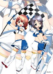  2girls alternate_costume armpit_cutout bad_id bad_twitter_id boots brown_eyes brown_hair checkered_flag closed_umbrella clothing_cutout cropped_jacket double_bun flag full_body gloves grey_eyes grey_hair hair_bun hair_rings hat inactive_account kaiboukan_no._30_(kancolle) kaiboukan_no._4_(kancolle) kantai_collection long_hair low_twintails midriff miniskirt multicolored_clothes multicolored_gloves multiple_girls nassukun race_queen sailor_hat short_hair shorts shorts_under_skirt skirt strapless thigh_boots thighhighs tube_top twintails two-tone_skirt umbrella white_headwear white_thighhighs zoom_layer 