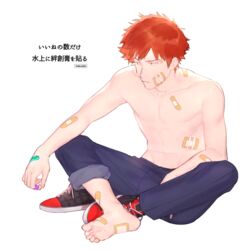  1boy bandaid bandaid_on_arm bandaid_on_face bandaid_on_foot bandaid_on_hand bandaid_on_leg bandaid_on_shoulder bandaid_on_stomach barefoot blue_pants feet frown full_body gkrk89 indian_style injury looking_away male_focus mizukami_satoshi_(world_trigger) orange_hair outstretched_arm pants pants_rolled_up shoes short_hair simple_background single_shoe sitting sneakers soles solo toes toned topless_male unworn_shoes white_background world_trigger 