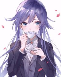  azuki_3693 bad_source blue_eyes blue_hair blush cherry_blossoms collared_shirt female fu_hua grey_hair highres holding honkai_(series) honkai_impact_3rd jacket long_hair long_sleeves looking_at_viewer petals rose_petals shirt simple_background solo upper_body white_background white_shirt 