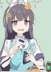  angel&#039;s_24_uniform_(blue_archive) animal_ears apron black_hair blue_apron blue_archive blush bow bowtie commentary_request crying crying_with_eyes_open energy_drink fake_animal_ears female flying_sweatdrops food furrowed_brow green_background halo hidejiu highres holding holding_food holding_scanner leaf leaf_on_head long_hair looking_at_viewer miyu_(blue_archive) official_alternate_costume onigiri rabbit_ears red_eyes shirt short_sleeves solo striped_bow striped_bowtie striped_clothes tears trembling upper_body wavy_mouth white_shirt yakisoba yakisobapan 