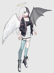  angel_wings asymmetrical_legwear asymmetrical_wings bandaged_arm bandaged_leg bandages black_hair blue_eyes broken_halo cross cross_print demon_wings female full_body garter_straps grey_background halo heterochromia highres horns inverted_cross inverted_cross_necklace kawara_pigeon long_sleeves looking_away mismatched_wings multicolored_hair original pink_hair red_eyes simple_background single_garter_strap single_horn single_thighhigh solo thighhighs white_hair wings 