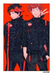  2boys black_hair black_pants black_shirt border carrying carrying_under_arm cowboy_shot frown gkrk89 hands_in_pockets legs_apart long_sleeves looking_at_viewer male_focus mizukami_satoshi_(world_trigger) multiple_boys oki_kouji pants parted_lips popped_collar red_background red_hair shirt short_hair sideways_hat simple_background smirk standing swept_bangs v vest visor_cap white_border world_trigger 