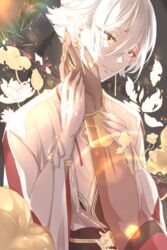  1boy asura_(onmyoji) blonde_hair dark_skin flower highres jewelry lens_flare lie_realjoker lotus male_focus onmyoji onmyouji short_hair taishakuten_(onmyoji) tearing_up tears white_flower white_hair white_lotus 