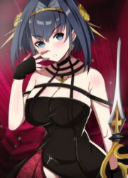  absurdres bare_shoulders black_dress black_gloves blue_eyes blue_hair blurry blurry_background blush breasts cleavage commentary cosplay couch curtains dress dvljoe earrings female fingerless_gloves flower gloves gold_earrings gold_hairband hair_flower hair_intakes hair_ornament hairband hand_up highres holding holding_sword holding_weapon hololive hololive_english jewelry large_breasts looking_at_viewer off-shoulder_dress off_shoulder ouro_kronii parted_lips reverse_grip rose short_hair solo spikes spy_x_family sword two-sided_dress two-sided_fabric v-shaped_eyebrows virtual_youtuber weapon yor_briar yor_briar_(cosplay) 