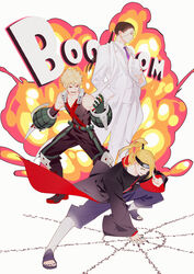  3boys absurdres akatsuki_uniform bai_wu_dong bakugou_katsuki bandana bare_shoulders black_hair blonde_hair blue_eyes boku_no_hero_academia boots crossover deidara_(naruto) explosion formal fullmetal_alchemist gloves hat highres holding holding_clothes holding_hat jewelry long_hair low_ponytail male_focus multiple_boys multiple_crossover nail_polish naruto_(series) naruto_shippuuden necktie pants ponytail power_connection purple_necktie red_eyes ring short_hair smile solf_j._kimblee sound_effects spiked_hair suit trait_connection white_suit 