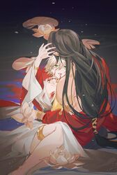  2boys asura_(onmyoji) back bare_pectorals black_hair blonde_hair blood blood_on_clothes blood_on_face bracelet couple dark_skin facial_mark flower green_eyes highres japanese_clothes jewelry jiajiaziloffendian lotus lying_on_water male_focus multiple_boys onmyoji onmyouji pectorals short_hair silk sitting sparkle taishakuten_(onmyoji) tied_hair white_hair yaoi 