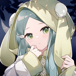  :&lt; animal_ears animal_hood blush closed_mouth commentary_request crying crying_with_eyes_open duel_monster eta fake_animal_ears female ghost_mourner_&amp;_moonlit_chill green_eyes green_hair green_robe head_tilt hood hood_up hooded_robe long_hair long_sleeves parted_bangs rabbit_ears rabbit_hood robe sleeves_past_wrists solo tears upper_body wide_sleeves yu-gi-oh! 