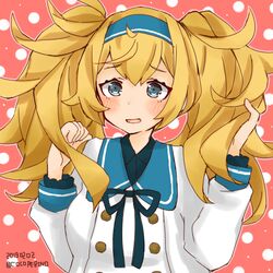  black_ribbon blonde_hair blue_eyes blue_sailor_collar cocoperino dated dress female gambier_bay_(kancolle) hairband kantai_collection neck_ribbon official_alternate_costume pink_background polka_dot polka_dot_background ribbon sailor_collar sailor_dress solo twintails twitter_username upper_body 