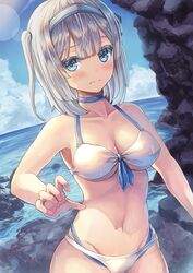  arm_behind_back bare_shoulders bikini blue_bikini blue_eyes blue_sky blush breasts brown_hair cleavage closed_mouth cloud day female front-tie_top grey_hair hair_ornament halterneck layered_bikini looking_at_viewer micro_bikini nasuno_(nasuno42) navel oerba_yun_fang original outdoors red_eyes ribs rock short_hair side-tie_bikini_bottom simple_background skinny sky solo stomach sweat swimsuit two_side_up water wet white_bikini 