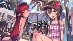  6+girls :d :q amiya_(arknights) animal animal_ears arknights ass back baseball_cap bikini bird black_bikini blonde_hair blue_eyes blunt_bangs blush boots breasts brown_hair ch&#039;en_(arknights) commentary_request cup doctor_(arknights) drinking drinking_glass feather_hair female_tourist_c_(arknights) flower food gummy_(arknights) gummy_(summer_flowers)_(arknights) hair_between_eyes hat horns ice_cream ifrit_(arknights) ifrit_(sunburn)_(arknights) long_hair multiple_girls navel official_alternate_costume open_mouth outdoors palm_tree parasol pointy_ears rabbit_ears rose ryuinu sailor_collar sandals saria_(arknights) see-through silence_(arknights) single_thighhigh sitting skirt smile straw_hat sweatdrop swimsuit tail thighhighs tongue tongue_out tree umbrella vigna_(arknights) vigna_(casual_vacation)_(arknights) 