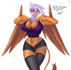  anthro anthrofied avian big_breasts bottomwear breasts cleavage clothed clothing female friendship_is_magic gilda_(mlp) gryphon hasbro hi_res my_little_pony mythological_avian mythology nexcoyotlgt shorts solo wide_hips 