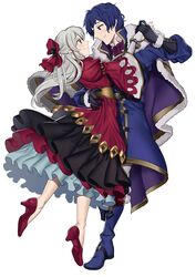  1boy absurdres adapted_costume alternate_costume bangle berkut_(fire_emblem) berkut_(fire_emblem)_(cosplay) berkut_(soiree)_(fire_emblem) black_gloves blue_eyes blue_footwear blue_hair boots bracelet bridal_gauntlets coat cosplay dancing dress ebinku eye_contact female fire_emblem fire_emblem:_radiant_dawn fire_emblem_heroes gloves grey_hair hair_ribbon half_updo high_heels highres holding_hands ishtar_(fire_emblem) ishtar_(fire_emblem)_(cosplay) ishtar_(soiree)_(fire_emblem) jewelry long_hair long_sleeves looking_at_another micaiah_(fire_emblem) pelleas_(fire_emblem) red_dress red_footwear red_ribbon ribbon simple_background smile straight white_background wide_sleeves yellow_eyes 