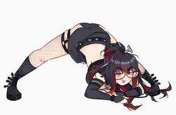  black_hair boots breasts commentary english_commentary female fishnets glasses green_eyes highres jack-o&#039;_challenge long_hair looking_at_viewer mika_melatika mika_melatika_(2nd_costume) multicolored_hair nijisanji nijisanji_id panties pointy_ears red_hair simple_background skirt solo streaked_hair tongue tongue_out underwear unfamousradish virtual_youtuber white_background 