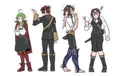  3boys ahoge arrow_(projectile) back blunt_bangs braid cape circlet commentary dobinnim english_commentary feathers female fire_emblem fire_emblem:_three_houses fire_emblem_awakening full_body garreg_mach_monastery_uniform gerome_(fire_emblem) green_hair highres kneehighs looking_at_viewer mask multiple_boys nah_(fire_emblem) noire_(fire_emblem) purple_eyes skirt socks standing twin_braids yarne_(fire_emblem) 