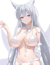  absurdres animal_ear_fluff animal_ears azur_lane bikini breasts cleavage female fox_ears fox_girl fox_tail grey_hair hair_between_eyes highres kitsune kyuubi large_breasts long_hair multiple_tails navel neck_ribbon obniermarbiss purple_eyes ribbon shinano_(azur_lane) shinano_(dreamy_white_sands)_(azur_lane) simple_background solo swimsuit tail untied_bikini untied_bikini_top white_background white_bikini white_hair white_tail 