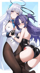  2girls absurdres alternate_costume ass bare_arms bare_back bare_shoulders between_breasts black_gloves black_leotard blue_archive blue_background blunt_bangs blush border breasts brown_pantyhose brown_thighhighs closed_mouth commentary_request cross-laced_clothes dot_nose fake_tail feet_out_of_frame gloves gradient_background hair_ornament halo highleg highleg_leotard highres holding_hands hutosutoro interlocked_fingers large_breasts leotard long_hair long_sleeves looking_at_viewer looking_back mechanical_halo medium_breasts multiple_girls necktie necktie_between_breasts noa_(blue_archive) pantyhose parted_bangs playboy_bunny purple_eyes purple_hair rabbit_tail raised_eyebrows shrug_(clothing) sidelocks smile tail thighhighs thighs two_side_up very_long_hair wavy_mouth white_border white_hair white_leotard white_wrist_cuffs wrist_cuffs yuuka_(blue_archive) 