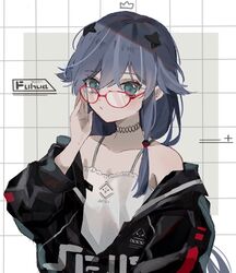  azuki_3693 bad_source bare_shoulders black_jacket blue_eyes blue_hair closed_mouth female fu_hua glasses green_eyes grey_hair hair_between_eyes highres honkai_(series) honkai_impact_3rd jacket looking_at_viewer low_ponytail open_clothes open_jacket ponytail shirt solo white_shirt 