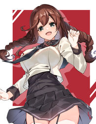  :d artist_name black_necktie black_sailor_collar black_shirt black_skirt braid breasts brown_hair buttons collared_shirt cowboy_shot cropped_jacket female garter_straps grey_eyes hair_between_eyes highres jacket kantai_collection large_breasts long_hair long_sleeves necktie noshiro_(kancolle) noshiro_kai_ni_(kancolle) open_mouth pleated_skirt sailor_collar shirt signature skirt smile solo striped_clothes striped_skirt twin_braids white_jacket youmou_usagi 