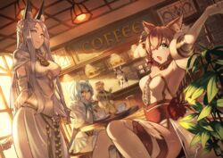  5girls ;d absurdres animal_ear_fluff animal_ears april_(pride_of_eden) armpits arms_behind_back braid brown_hair cafe cat_ears chair cup dutch_angle elbows_on_table grey_hair hara_kenshi head_rest highres indoors light_particles light_rays lovey_(pride_of_eden) menu_board mug multiple_girls noel_(pride_of_eden) olivia_(pride_of_eden) one_eye_closed plant red:_pride_of_eden ritta_(pride_of_eden) sitting skirt smile squirrel_tail standing stool stretching sunlight table tail white_hair white_skirt yawning 