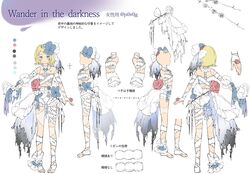  absurdres asymmetrical_clothes bare_shoulders barefoot blonde_hair bloomers blue_bow blue_eyes bone_hair_ornament bow collar commentary concept_art female flat_chest flower frilled_collar frills from_side hair_ornament hairbow hairclip highres kagamine_rin naked_ribbon oyamada_gamata pigeon-toed profile reference_sheet ribbon ribs rose short_hair shoulder_blades skeletal_hand skirt solo spine stitched_arm stitched_neck stitches thorns too_many too_many_frills too_many_ribbons torn_clothes torn_skirt underwear vocaloid white_ribbon 