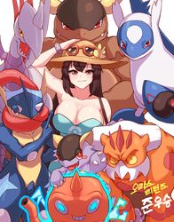  absurdres arm_up bad_id bad_pixiv_id blush breasts brown_hair brown_headwear cleanerjay cleavage closed_mouth collarbone commentary_request dress english_commentary female flower green_dress greninja hat hat_flower highres kangaskhan korean_commentary korean_text landorus landorus_(therian) latios long_hair looking_at_viewer mixed-language_commentary orange-framed_eyewear poke_ball_print pokemon pokemon_(creature) pokemon_sm rotom rotom_(wash) shiny_skin sightseer_(pokemon) skarmory smile sunglasses translation_request 