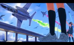  2girls aircraft airplane animal bird black_hair black_legwear blue_sky cloud commentary_request highres kaneni kneehighs letterboxed multiple_girls open_mouth original school_uniform shoes short_hair skirt sky sneakers socks teeth vehicle_focus vest 