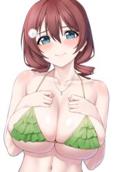  absurdres aqua_eyes bikini blush breasts brown_hair closed_mouth commentary_request drill_hair emma_verde female flower freckles frilled_bikini frills green_bikini hair_flower hair_ornament highres jewelry large_breasts love_live! love_live!_nijigasaki_high_school_idol_club nasuno_(nasuno42) navel necklace simple_background smile solo stomach swimsuit twin_drills upper_body white_background 