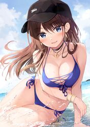  :d arm_support bare_arms bare_shoulders baseball_cap bikini black_choker black_hat blue_bikini blue_eyes blue_ribbon blue_sky blush boku_no_kanojo_sensei bracelet breasts brown_hair choker cleavage cloud collarbone commentary day earrings female front-tie_bikini_top front-tie_top fujiki_maka hat highres hoop_earrings jewelry jpeg_artifacts large_breasts leaning_forward long_hair looking_at_viewer navel ocean open_mouth oryo_(oryo04) outdoors ribbon side-tie_bikini_bottom sky smile solo stomach swimsuit thigh_gap water 