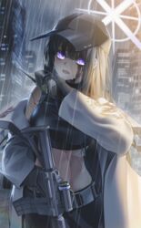  alternate_eye_color armband assault_rifle bad_id bad_pixiv_id bare_shoulders baseball_cap belt black_belt black_gloves black_hair black_hat black_pants black_shirt blood blood_on_clothes blood_on_face blue_archive breasts buckle building chest_harness cloud cloudy_sky coat commentary cowboy_shot crop_top female foregrip gloves gun halo harness hat highres holding holding_gun holding_walkie-talkie holding_weapon large_breasts long_hair long_sleeves looking_at_viewer medium_breasts midriff no_mask off_shoulder open_mouth outdoors pants purple_eyes rain rifle saori_(blue_archive) scope shirt sig_516 sig_sauer sky skyscraper sleeveless sleeveless_shirt snap-fit_buckle solo standing walkie-talkie weapon wet wet_clothes wet_shirt white_coat yuyua_(yua_0068) 