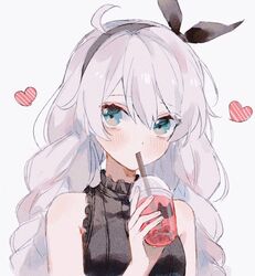  ahoge animal_print azuki_3693 bad_source bare_shoulders black_ribbon blue_eyes blush braid bubble_tea cat_print drink drinking female hair_between_eyes hair_ornament hair_ribbon hairband heart holding holding_drink honkai_(series) honkai_impact_3rd kiana_kaslana looking_at_viewer ribbon simple_background sleeveless solo twin_braids white_background white_hair 