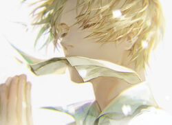  1boy backlighting blonde_hair closed_eyes collared_shirt eyelashes haban_(haban35) light_particles male_focus mouth_hold natsume_takashi natsume_yuujinchou own_hands_together paper portrait praying shirt short_hair simple_background solo white_background white_shirt wind 