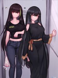  2girls absurdres bag bare_shoulders black_dress black_hair black_shirt breasts brown_eyes brown_hair commentary_request condom_box dandelion_(girls&#039;_frontline) denim dress eonsang girls&#039;_frontline green_hair hair_ornament highres jeans korean_commentary korean_text loafers long_hair long_sleeves looking_at_viewer m4a1_(girls&#039;_frontline) midriff multicolored_hair multiple_girls navel pants paradeus plastic_bag shirt shoes short_sleeves smile streaked_hair wide_sleeves yellow_eyes 