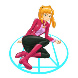  absurdres aobito_sukoyaka_bystander black_legwear blonde_hair boots breasts clenched_hand densetsu_kyojin_ideon female frown full_body highres ideon_gauge kasha_imhof knee_boots long_hair long_sleeves lying on_side parted_bangs photoshop_(medium) pink_footwear sidelocks simple_background small_breasts solo white_background 