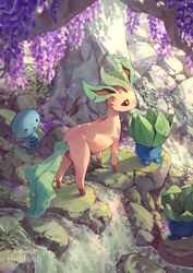  artist_name clockbirds day flower highres leafeon moss nature no_humans oddish outdoors plant pokemon pokemon_(creature) purple_flower rock tree water waterfall watermark wisteria wooper 