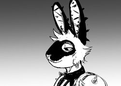  2023 anthro black_and_white bodypaint ear_piercing face_paint fallout female gradient_background hi_res hladilnik industrial_piercing lagomorph leporid mammal microsoft monochrome piercing pro_bun_(hladilnik) rabbit raider_(fallout) simple_background solo 