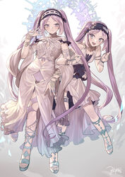  2girls absurdres clothing_cutout dated dress euryale_(fate) euryale_(third_ascension)_(fate) fate/grand_order fate/hollow_ataraxia fate_(series) frilled_hairband frills hairband halo highres jewelry locked_arms multiple_girls nao_(syn_eaa) navel navel_cutout panties purple_eyes purple_hair revision sandals siblings signature sisters smile stheno_(fate) stheno_(third_ascension)_(fate) thumb_ring twintails underwear 