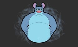  2021 4_fingers alien anthro anthrofied black_eyes blue_body blue_fur blue_nose digital_drawing_(artwork) digital_media_(artwork) disney experiment_(lilo_and_stitch) fingers flat_colors fur hands_on_stomach head_tuft hi_res himbo_stitch lilo_and_stitch male navel notched_ear open_mouth open_smile outline overweight overweight_anthro overweight_male pupils smile solo stitch_(lilo_and_stitch) stompsyeen tuft white_pupils 