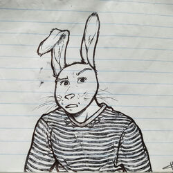  1:1 2023 31_minutos absurd_res anthro anthrofied clothing confusion eyebrows floppy_ears hi_res icon juan_carlos_bodoque lagomorph leporid long_sleeves looking_confused male mammal monochrome one_ear_up pattern_clothing pattern_shirt pattern_topwear rabbit raised_eyebrow shirt solo striped_clothing striped_shirt striped_topwear stripes tangerin4yon topwear traditional_media_(artwork) whiskers wide_eyed 