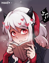  artist_name book breasts commentary demon_girl demon_horns english_commentary female headphones heart heart-shaped_pupils helltaker holding holding_book horns large_breasts long_hair long_sleeves looking_at_viewer mibry_(phrysm) modeus_(helltaker) musical_note red_eyes ribbed_sweater solo speech_bubble spoken_musical_note sweatdrop sweater symbol-shaped_pupils turtleneck turtleneck_sweater upper_body white_hair 