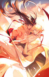  2boys absurdres asura_(onmyoji) bare_pectorals black_hair blonde_hair bracelet carrying closed_eyes couple dark_skin facial_mark floating flower highres japanese_clothes jewelry long_hair lotus male_focus multicolored_hair multiple_boys onmyoji onmyouji pectorals princess_carry short_hair taishakuten_(onmyoji) tattoo tianxiaoye_ansel.s two-tone_hair white_hair yaoi 