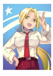  absurdres belt blonde_hair bow breasts female ghgnvm hairbow highres korean_commentary kuroi_nanako large_breasts long_hair long_sleeves looking_at_viewer lucky_star necktie open_mouth pants photoshop_(medium) ponytail shirt smile solo teeth upper_body yellow_eyes 