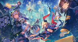  6+girls arknights black_jacket brown_hair building choker cityscape cloud coat commentary_request day dragon_horns dress drone feather_hair flamethrower gloves grey_hair gun highres holding holding_gun holding_weapon horns ifrit_(arknights) jacket long_hair long_sleeves looking_at_viewer magallan_(arknights) mayer_(arknights) multiple_girls nijimaarc outdoors photoshop_(medium) ptilopsis_(arknights) rhine_lab_(arknights) rhine_lab_logo saria_(arknights) see-through shield short_hair silence_(arknights) staff weapon white_coat white_dress white_gloves 