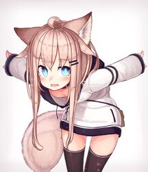  :d animal_collar animal_ears bent_over blue_eyes bone_print collar dog_ears dog_tail female highres hood hood_down hoodie light_brown_hair long_hair long_sleeves naked_hoodie no_bra oerba_yun_fang open_mouth original outstretched_arms reitou_mikan sleeves_past_wrists smile solo spread_arms tail thighhighs zettai_ryouiki 