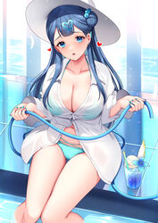  aged_up alternate_breast_size bikini blue_bikini blue_eyes blue_hair breasts collarbone drink earrings female food hair_bun hat heart highres hugtto!_precure ice_cream indoors jewelry large_breasts long_hair long_sleeves looking_at_viewer open_mouth pool precure rumo shirt single_hair_bun smile solo sun_hat swimsuit tray water white_shirt yakushiji_saaya 