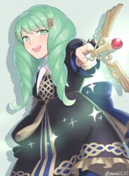  black_dress collar dress drill_hair female fire_emblem fire_emblem:_three_houses flayn_(fire_emblem) garreg_mach_monastery_uniform gold_trim green_background green_eyes green_hair hair_ornament highres holding holding_wand open_mouth peach11_01 solo wand 